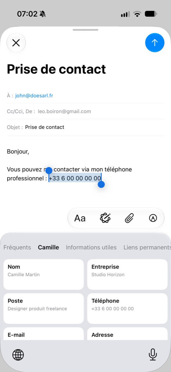KeyQuick dans Messages avec la catégorie de fiche contact