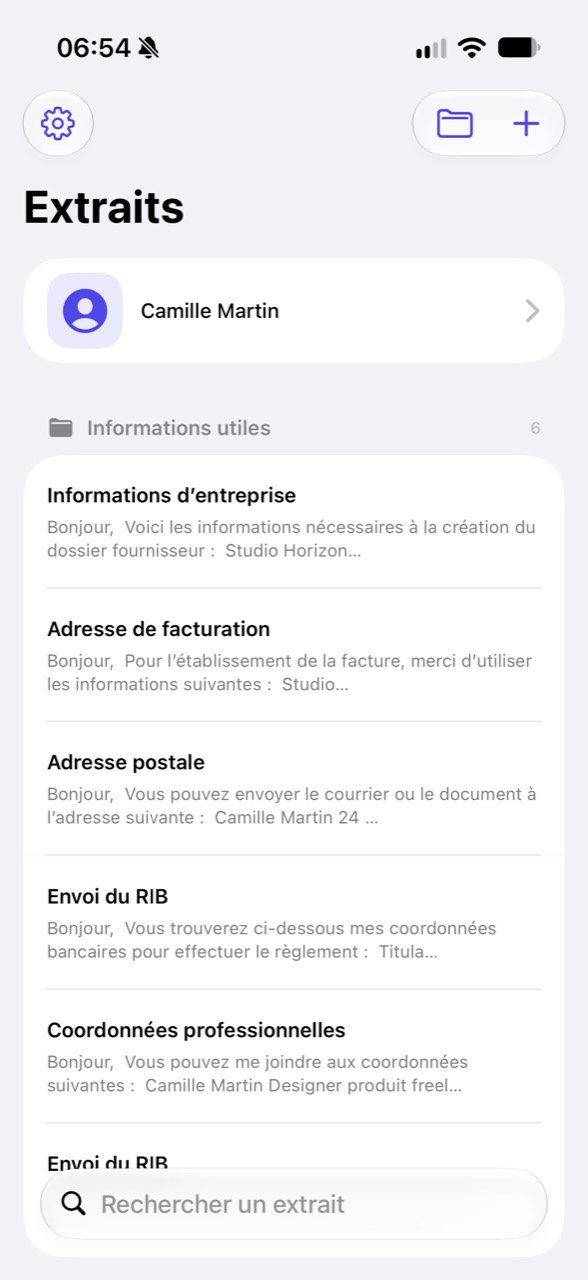 Bibliothèque d’extraits KeyQuick organisée par dossiers